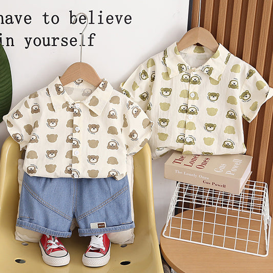 Boys' Short-Sleeve 2026 New Summer Outfit Baby Stylish Korean Version Bear Head Shirt Thin Two-Piece Set