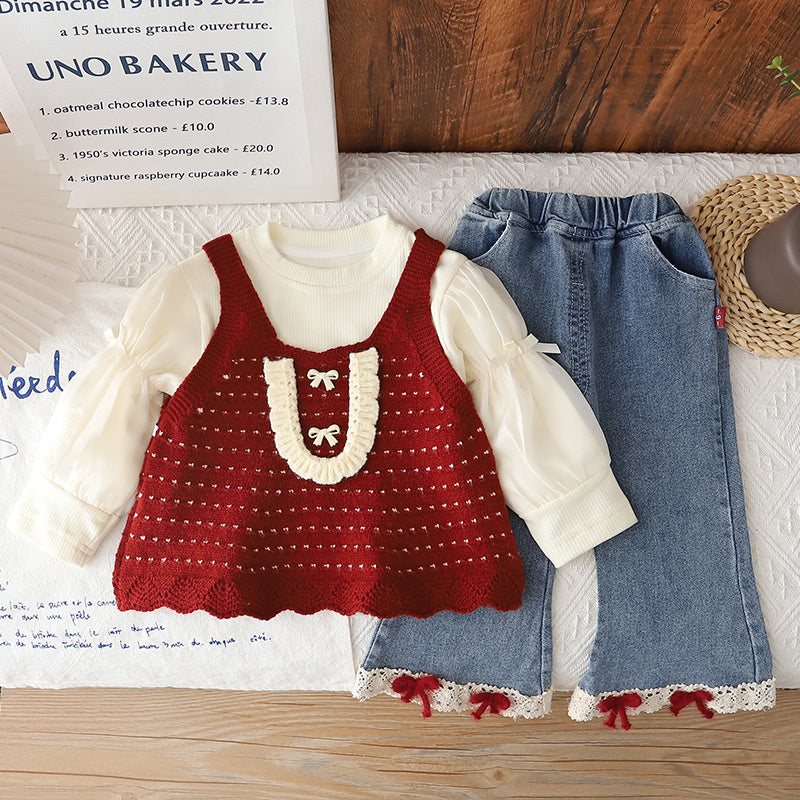 Baby Girl's and Autumn Fashionable 2-piece Outfit, Korean Style Infant Clothing for 1-year-old Girls, Spring Bowknot Three-piece Set