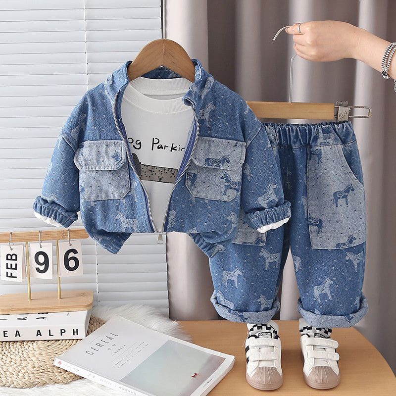 Boys' Outfit 2026 New Fashionable Children's Full-Print Pony Denim Three-Piece Set for Baby Spring and Autumn Casual Wear