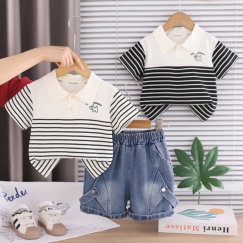 Boys' Outfit 2026 New Fashionable Set for 1-3 Year Olds, Children's Summer Clothes with Patchwork Short Sleeves