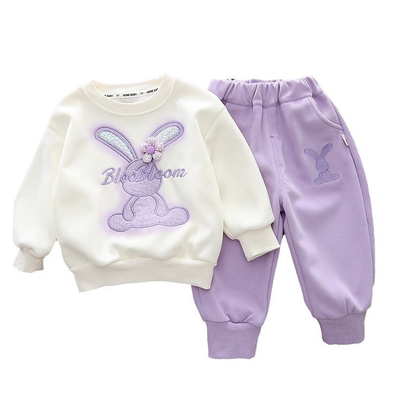 1-4 Years Old Baby Outfit Spring Fashionable Girl Clothing Korean Style Infant Toddler Clothes 3 Flowers Rabbit Two-Piece Set