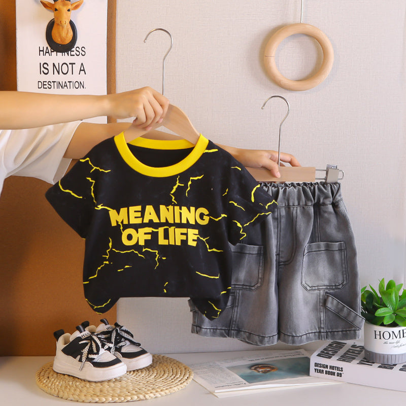 Boys' Outfit 2026 New Style Children's Summer Yellow Collar English Short Sleeve Two-Piece Set for Stylish Little Boys