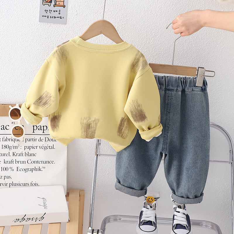 Boys' Outfit 2024 New Stylish Children's Clothing Spring and Autumn One-Year-Old Baby Letter Round Neck Two-Piece Set