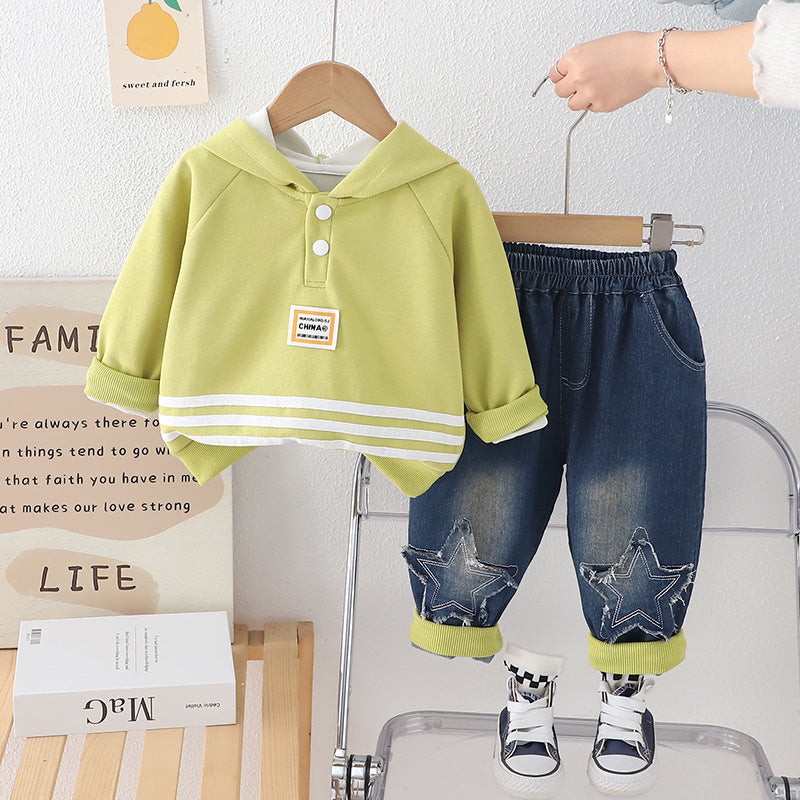 Korean Style Boys' Sweatshirt and Autumn Baby Spring Fashionable Clothes Infant Children's Clothing Horn Zipper Two-Piece Set