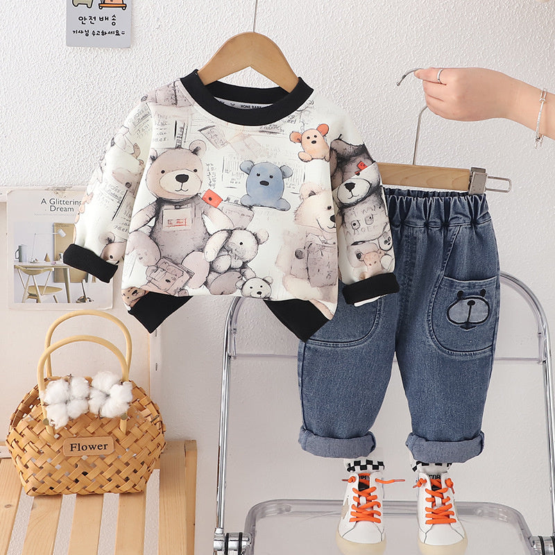 3D Bear Sweatshirt 2025 Spring Autumn Outfit for Toddlers and Young Children Long Sleeve Stylish Baby Clothes Boys Two-Piece Set