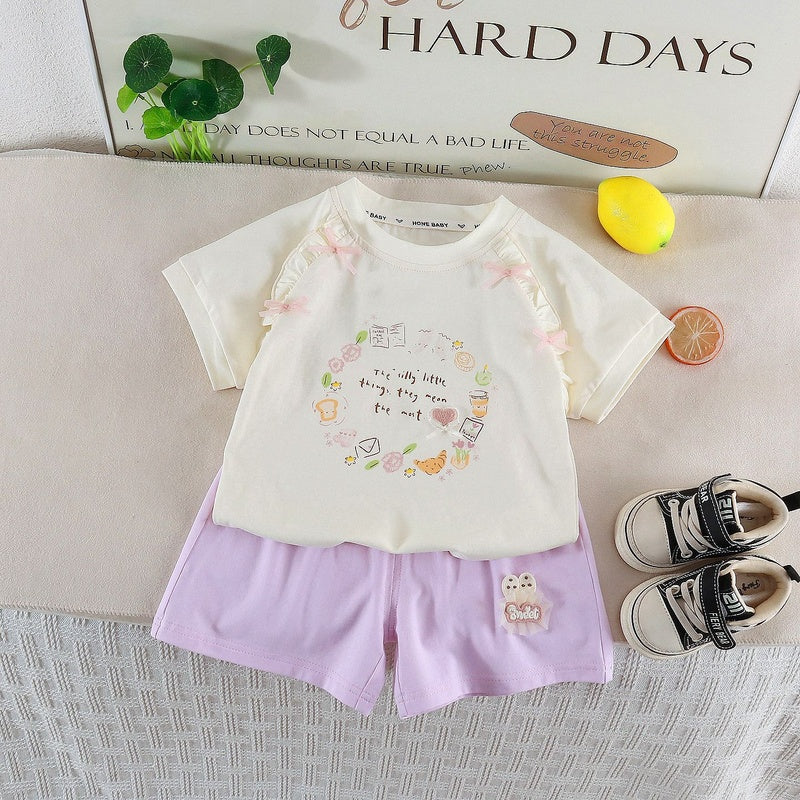 Children's Clothing 2026 Summer New Style Girls' Korean Version Set Cartoon Bow Short Sleeve Top and Shorts Two-Piece Trendy Outfit