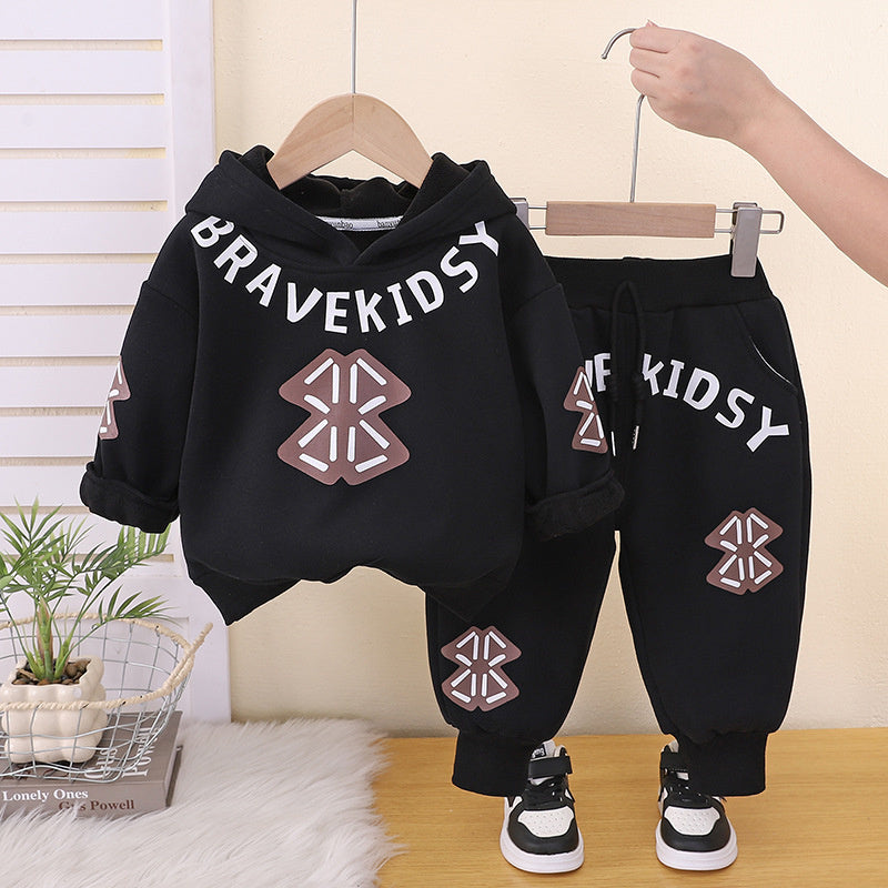 Boys' Suit 2026 New Fleece-Lined Stylish Clothes for Children and Infants, Trendy Letter-Printed Sweatshirt Two-Piece Set