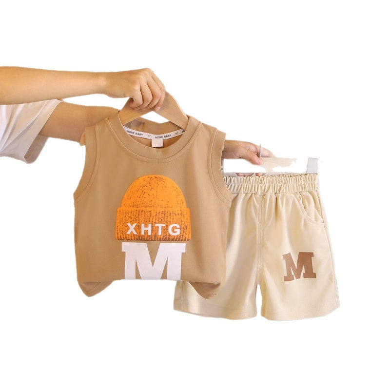 Boys' Outfit 2026 New Cool and Stylish Children's Clothing Summer Hat Letter Print Baby Vest Two-Piece Set