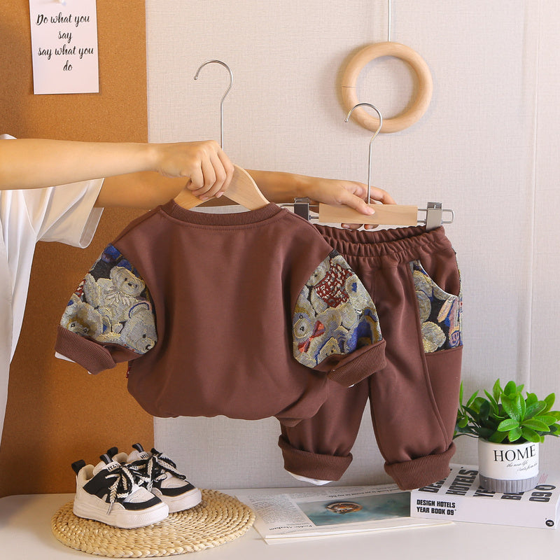 Children's Patchwork Bear Baby Long Sleeve 2026 Spring and Autumn New Boys' Cartoon Sweatshirt Two-Piece Set Trendy