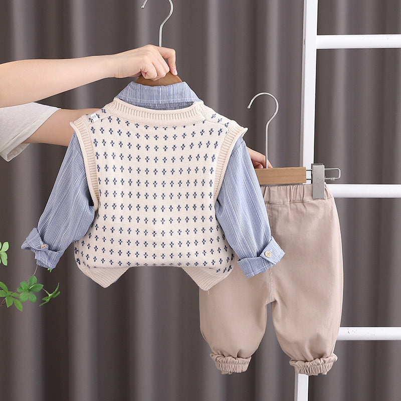 1 Year Old Baby Boy Outfit 2025 New Style 3 Boys Sweater Vest Three-Piece Set Spring and Autumn Infant Toddler Fashion