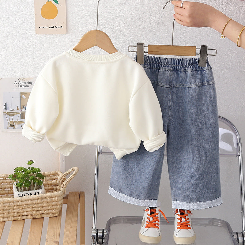Girls' Sweatshirt 2026 New Fashionable Children's Outfit Baby Long-Eared Rabbit Clothes Spring and Autumn Two-Piece Set Trendy