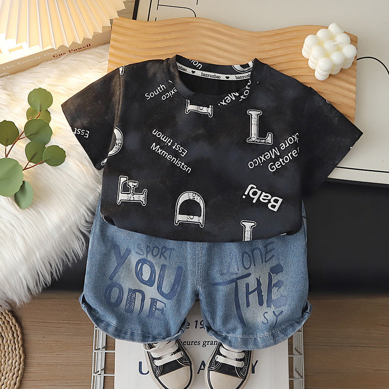 Boys' Short-Sleeve Set 2026 New Stylish Baby Summer Clothes Trendy Letter Print Round Neck Two-Piece Outfit