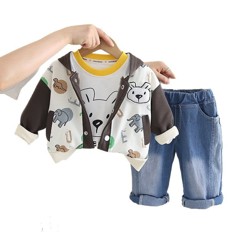 Boys' Stylish Spring and Set 2025 New Autumn Baby Full Print Animal Color Block Three-Piece Fashionable Toddler