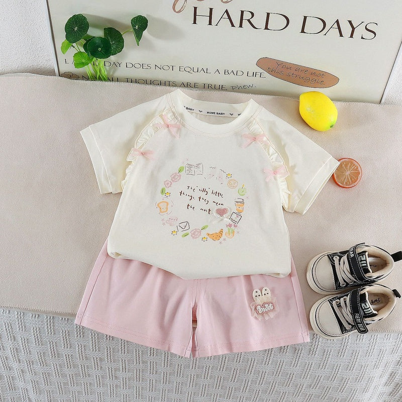 Children's Clothing 2026 Summer New Style Girls' Korean Version Set Cartoon Bow Short Sleeve Top and Shorts Two-Piece Trendy Outfit