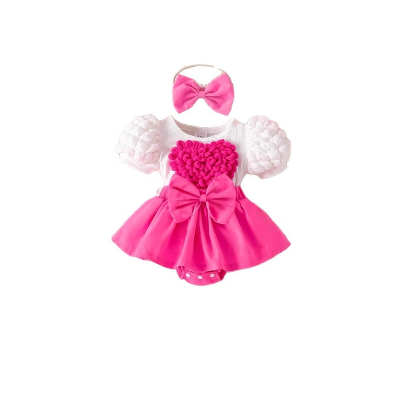 Baby girl three-piece set: bubble sleeve dress with heart embroidery decoration, bow headband, and socks