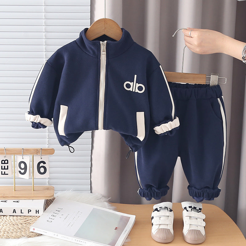 Children's Outfit Baby Sleeve Long Pants 2026 Spring and Autumn New Style Boys' Stand Collar Solid Color Letter Print Jacket Two-Piece Set