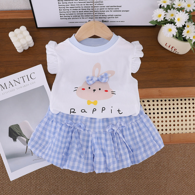 Girls' Summer New Outfit: Cute Baby Girl Set with 3D Bow, Little Rabbit, Flutter Sleeves, and Bowknot Bloomers