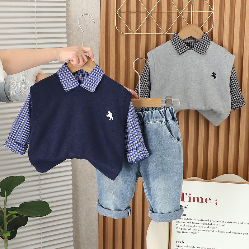 Boys' Suit 2025 New Fashionable Baby Vest Small Plaid Three-Piece Set Spring and Autumn Infant Trendy