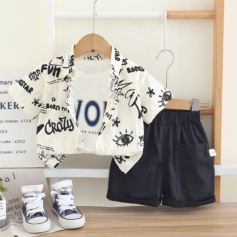Boys' Summer Outfit 2026 New Fashionable Children's Clothing Thin Full-Print Letter Shirt Short-Sleeve Three-Piece Set Trendy