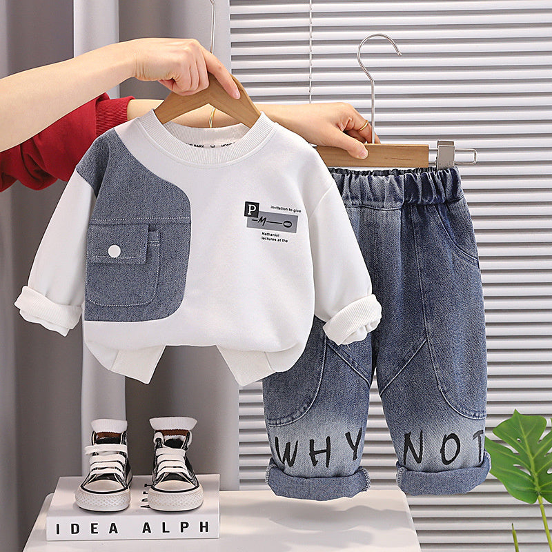 Boys' Autumn Outfit 2026 New Denim Patchwork Sweatshirt Two-Piece Set Stylish Toddler Clothes for Children