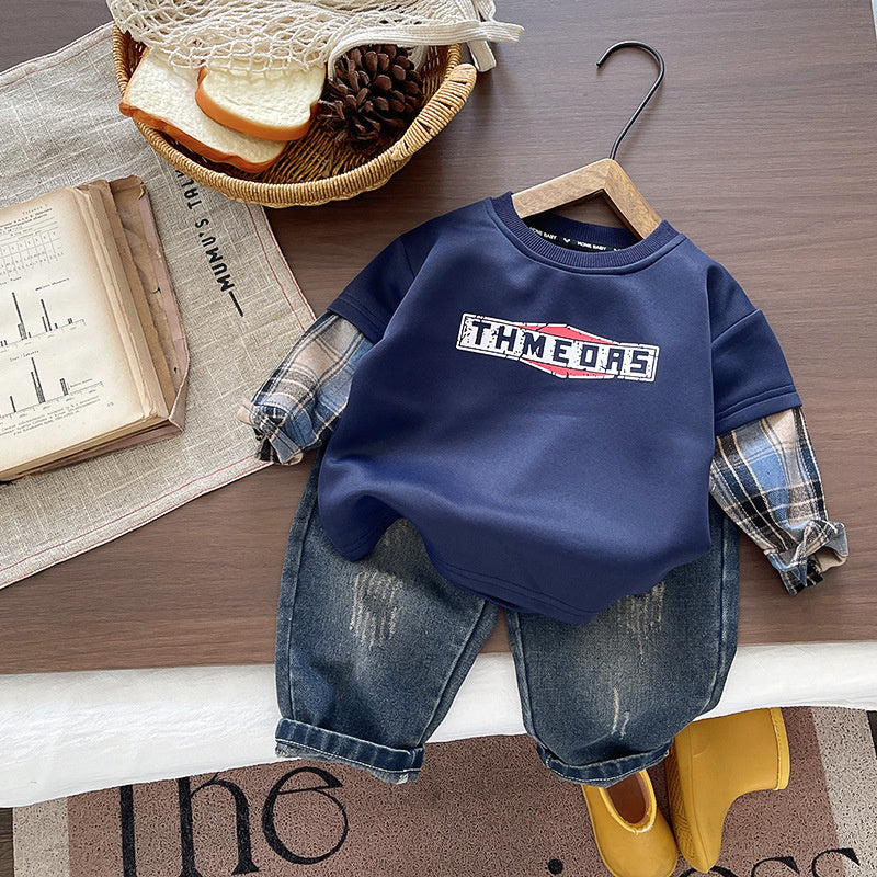 Boys' Outfit Baby 2026 New Fashionable Infant Children's Spring and Autumn Stylish Round Neck Spliced Sleeve Two-Piece Set