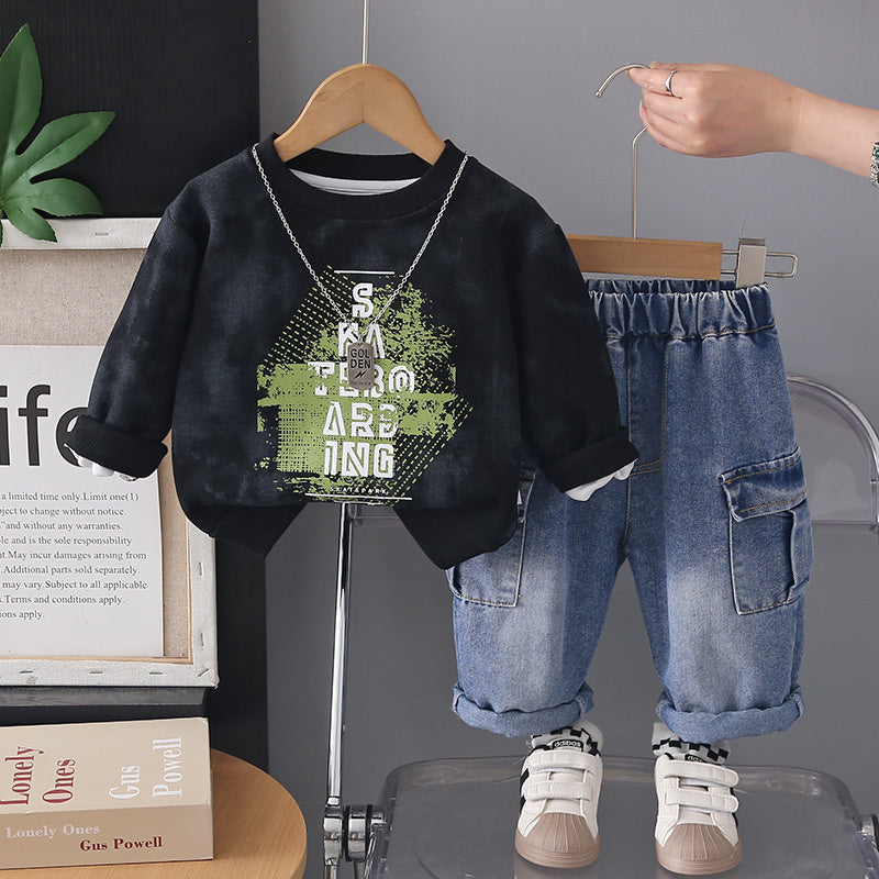Boys' Spring and Autumn Outfit 2026 New Fashionable Casual Wear for Babies, Children's Letter Sweatshirt Two-Piece Set Trendy