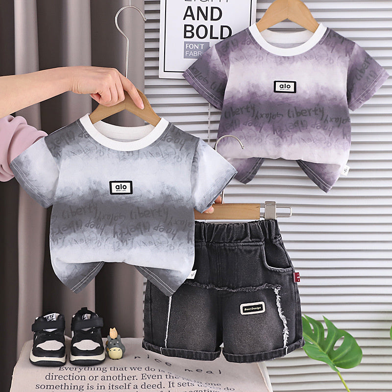 Boys' 2026 Short Sleeve New Children's Round Neck Letter Logo Workwear Summer Outfit Baby Two-Piece Trendy Set