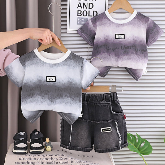 Boys' 2026 Short Sleeve New Children's Round Neck Letter Logo Workwear Summer Outfit Baby Two-Piece Trendy Set