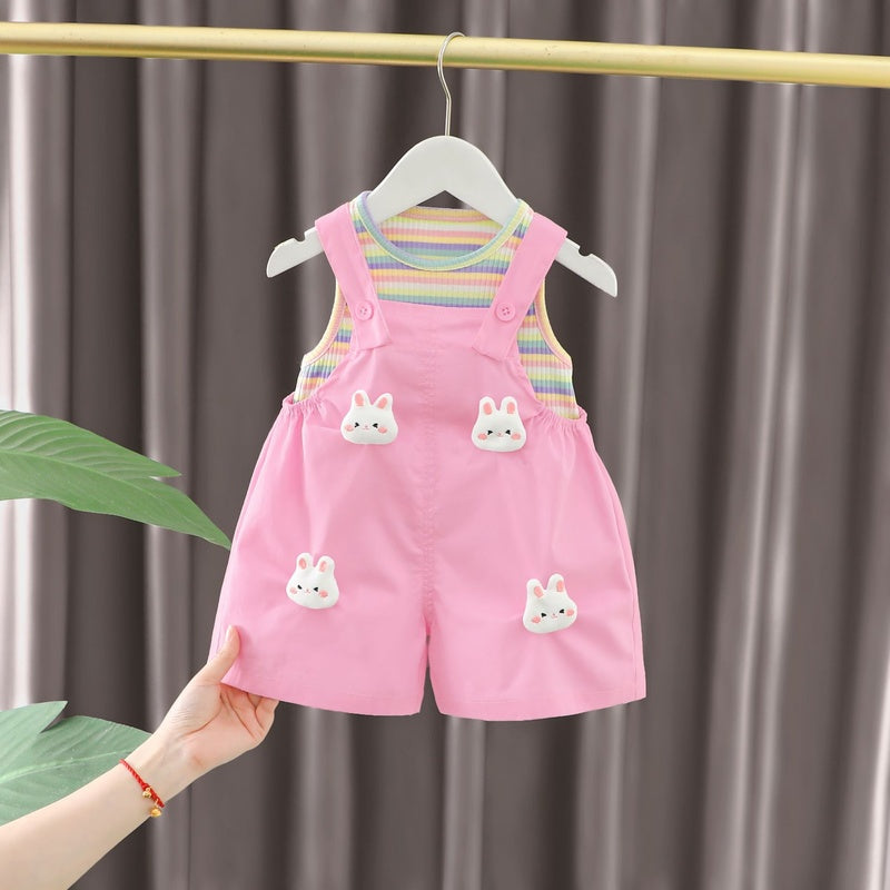 Outfit 2024 New Summer Children's Girls' Baby Colorful Striped Cartoon Overalls Short Sleeve Two-Piece Set