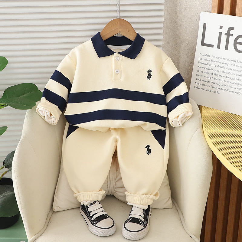 Boys' and Autumn Outfit Baby Spring Clothes Infant Children's Clothing New Embroidered Striped Polo Two-Piece Set for Boys