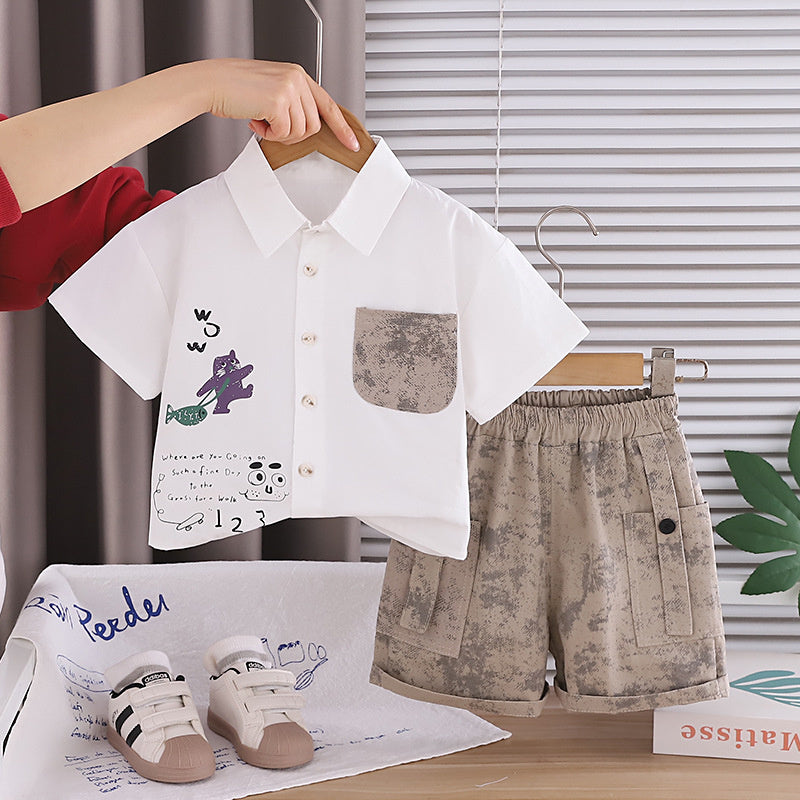 Stylish baby boy outfit for 1-5 year olds, summer two-piece set with a cute cat print short-sleeve shirt and collar