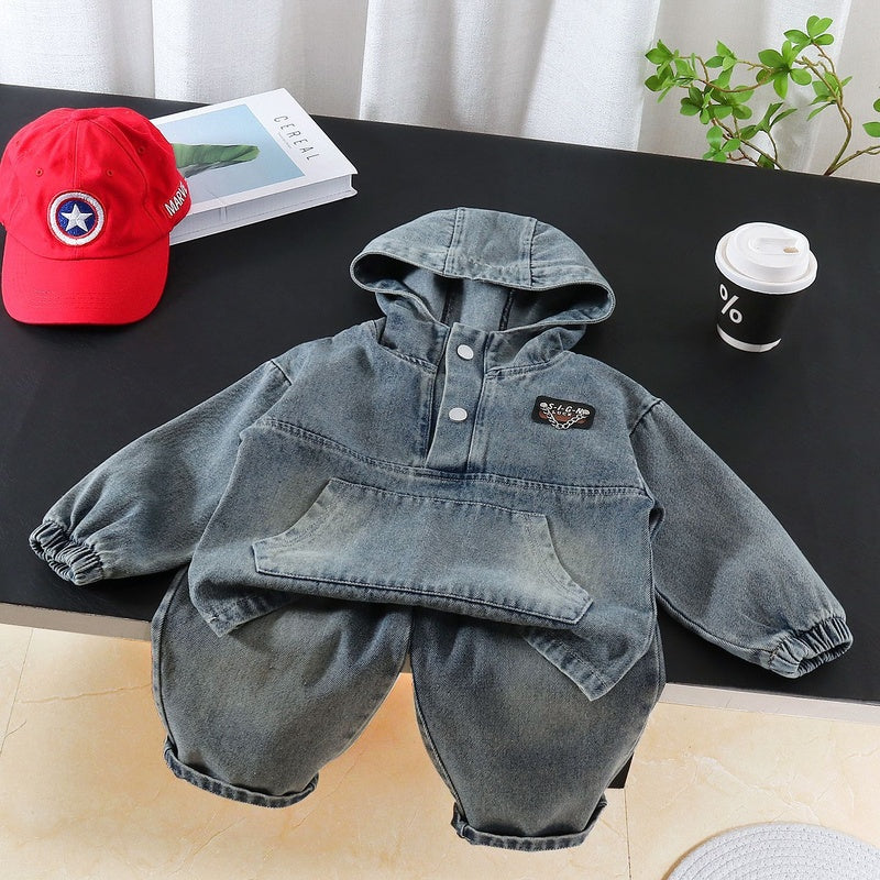 Boys' Outfit Spring Autumn 2026 New Fashionable Baby Boy 4-6 Years Old Children's Solid Color Hoodie and Denim Two-Piece Set