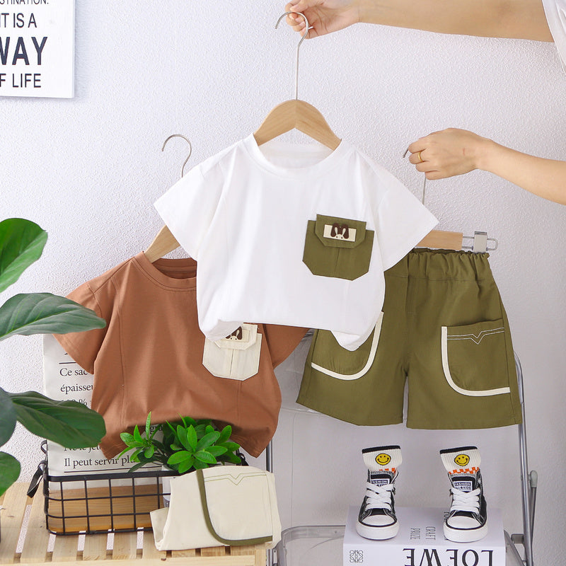 Boys' Clothing 2026 New Style Children's Clothes Summer Pocket Trim Sports Baby Short Sleeve Two-Piece Set Trendy