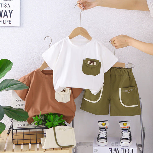 Boys' Clothing 2026 New Style Children's Clothes Summer Pocket Trim Sports Baby Short Sleeve Two-Piece Set Trendy