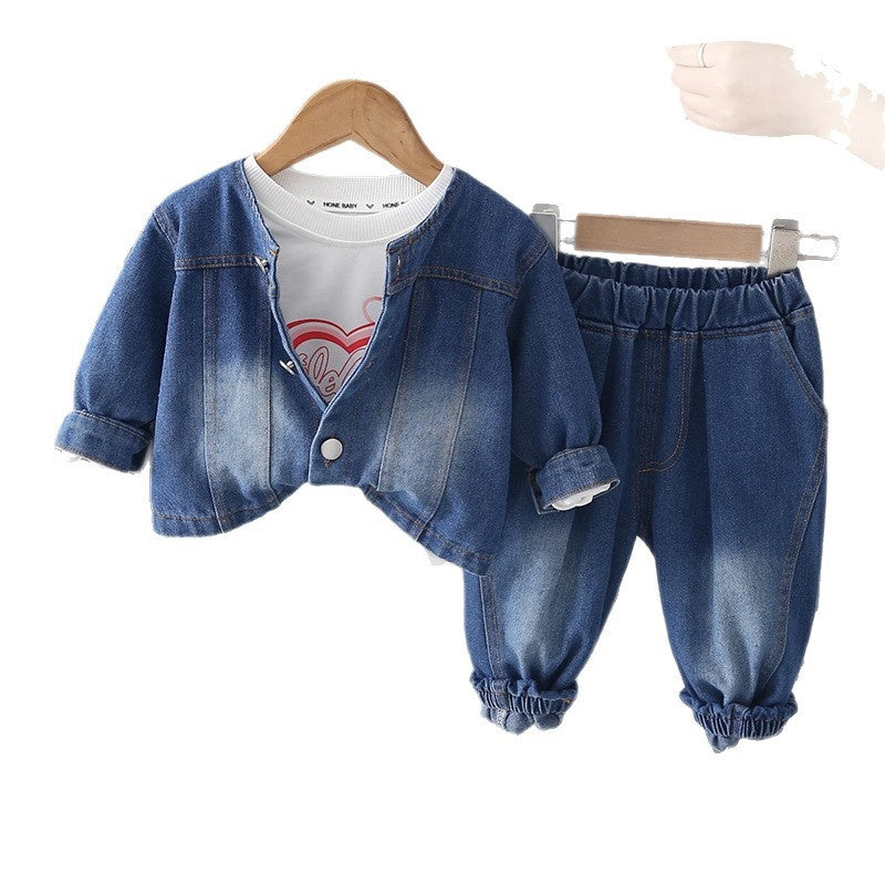 Girls' Outfit 2026 New Children's Patchwork Lace Denim Three-Piece Set for One-Year-Old Baby Spring and Autumn