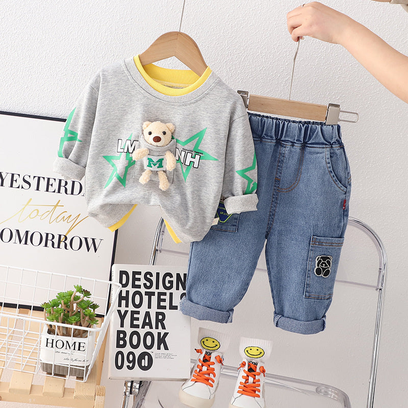 Korean Version New Spring Autumn Boys and Girls Children Baby Two-piece Cartoon Round Neck Bear Five-pointed Star Long-sleeved Children's Set