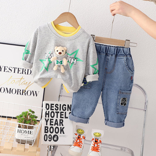 Sweatshirt Spring and Autumn 2025 New Boys' Personalized Printed Jeans Toddler Cartoon Bear Two-Piece Set