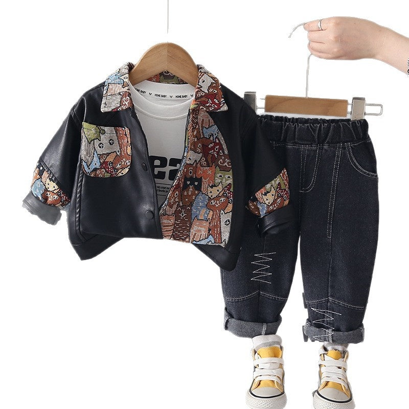 Boys' Autumn Outfit 2026 New Korean Style Round Pocket Leather Jacket Three-Piece Set for Toddlers, Stylish Children's Clothing
