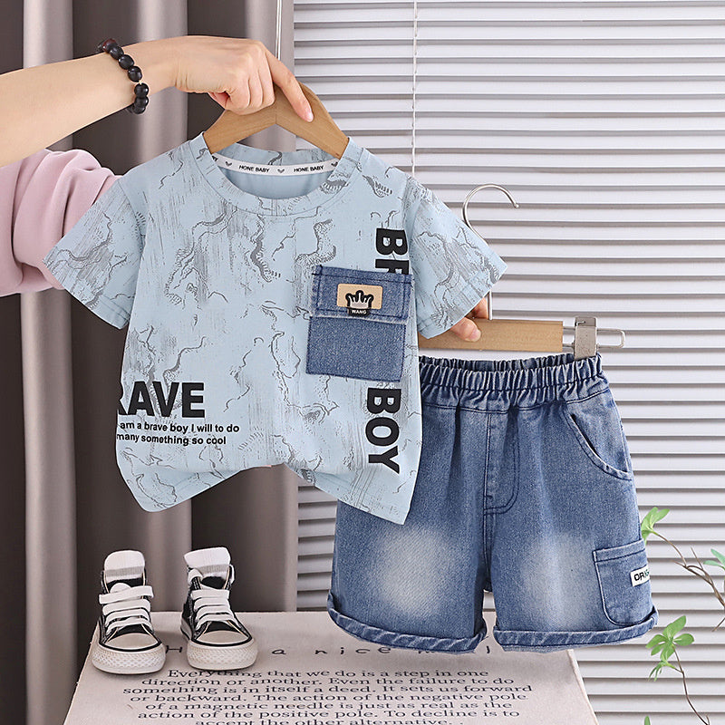 Baby Outfit Set 2026 New Style Boys' Denim Short Sleeve Shorts Infant Children's Summer Stylish Clothes