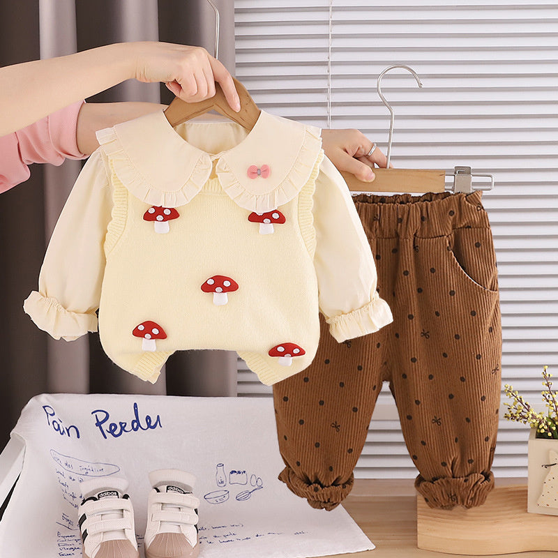 Girls' Outfit 2026 New Fashionable Little Mushroom Sweater Three-Piece Set Baby Spring Trendy Casual Clothes