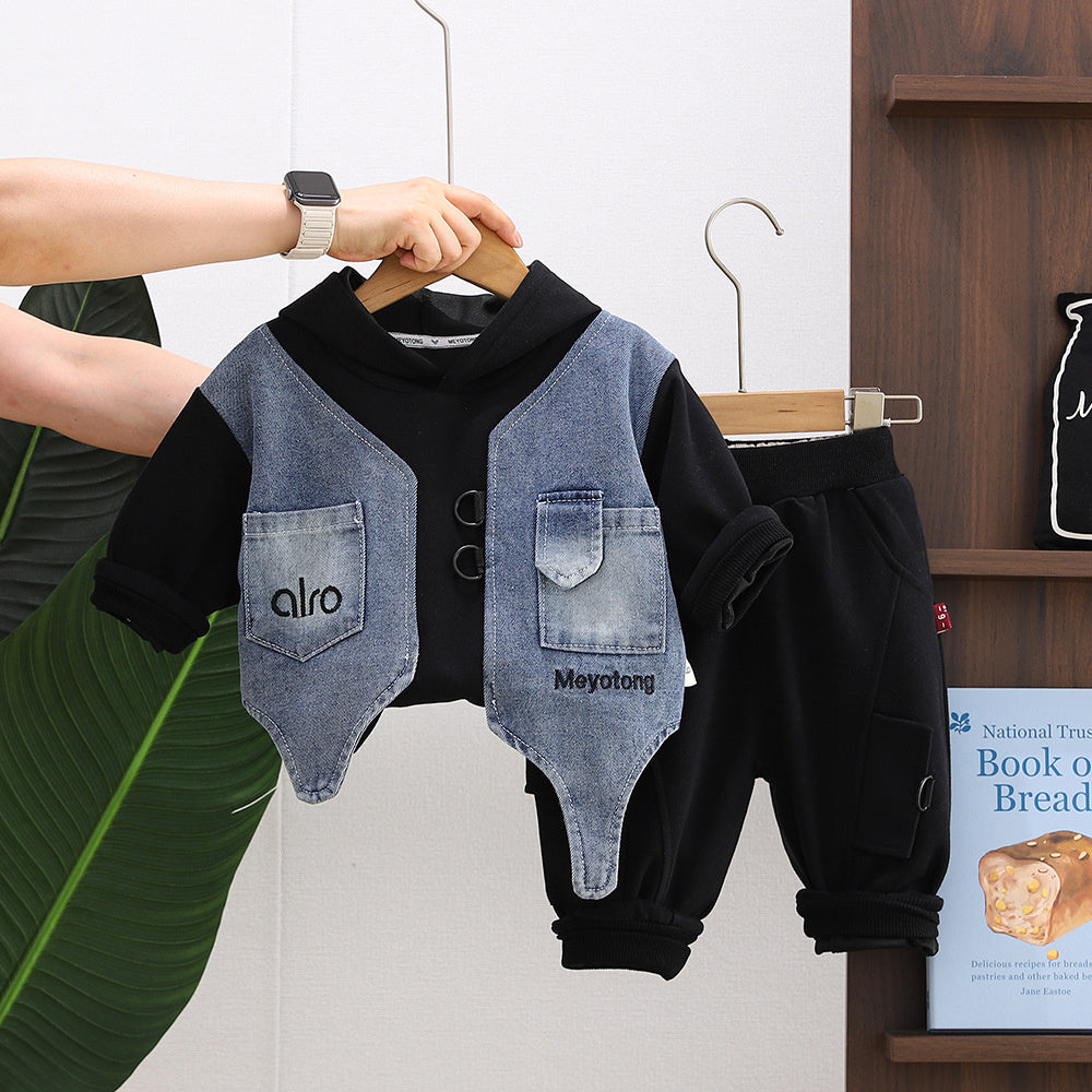 Children's clothing for spring and autumn, boys' denim fake vest two-piece toddler hooded sweatshirt top set, baby clothes