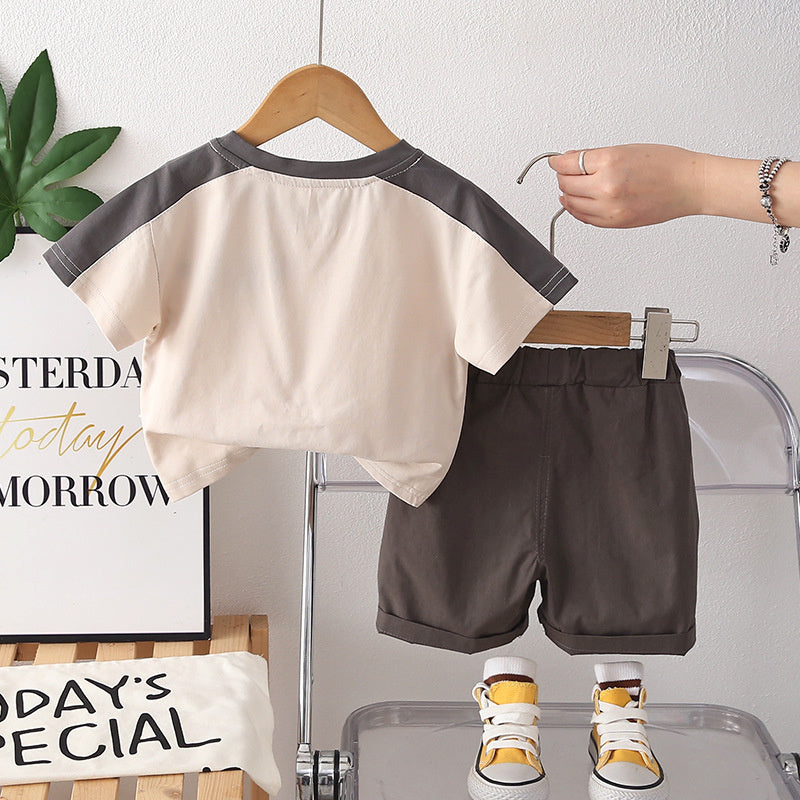 2026 New Boys' Two-Piece Set Children's Letter Color-Block Short-Sleeve Thin Baby Summer Clothes Trendy