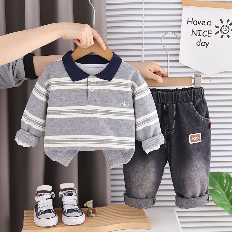 Boy's Trendy Stylish Striped Polo Suit 2026 New Model for 1-Year-Old Babies 3-Year-Olds, Boys' Spring and Autumn Clothing