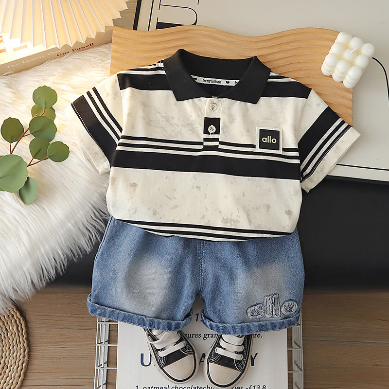 Boys' Outfit 2026 New Fashionable Casual Striped Short-Sleeve Summer Korean Style Two-Piece Set for Children