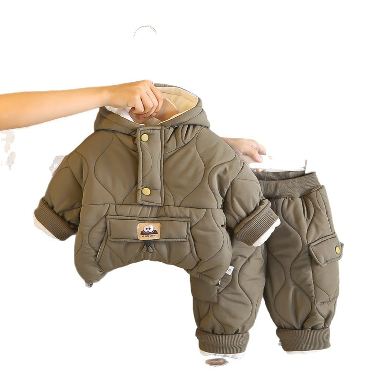 2025 Baby Outfit Fashionable Stylish Fleece-Lined Children's Clothing Boys Winter Thickened Two-Piece Set Trendy One-Piece Dropshipping
