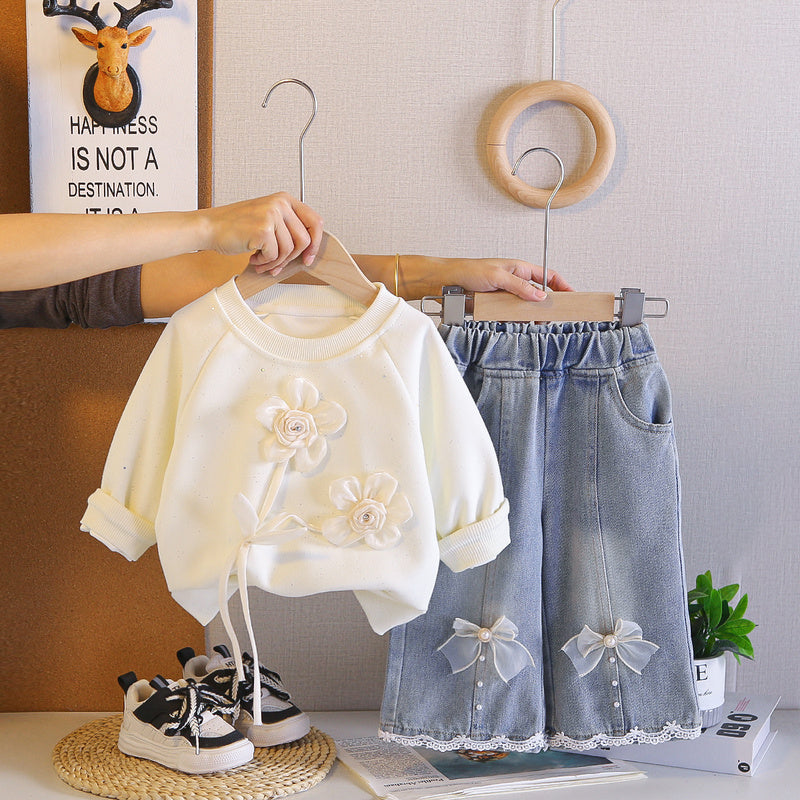 Baby Spring Outfit Stylish 2026 New Fashionable Girls' Children's Two-Flower Sweatshirt Trendy Toddler Spring-Autumn Clothing