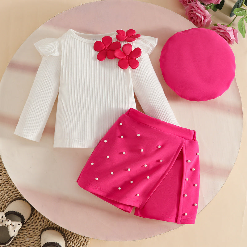 European and American Baby Sweet Girl Fashion Beret Embroidered Ribbed Top + Beaded Shorts Set Autumn Winter Skirt Pants