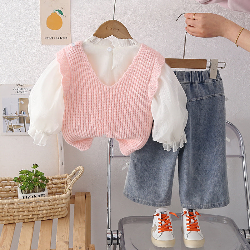 Girls' and Autumn Ribbon Bow Vest Three-Piece Set 2026 New Fashionable Children's Baby Girl Spring Outfit