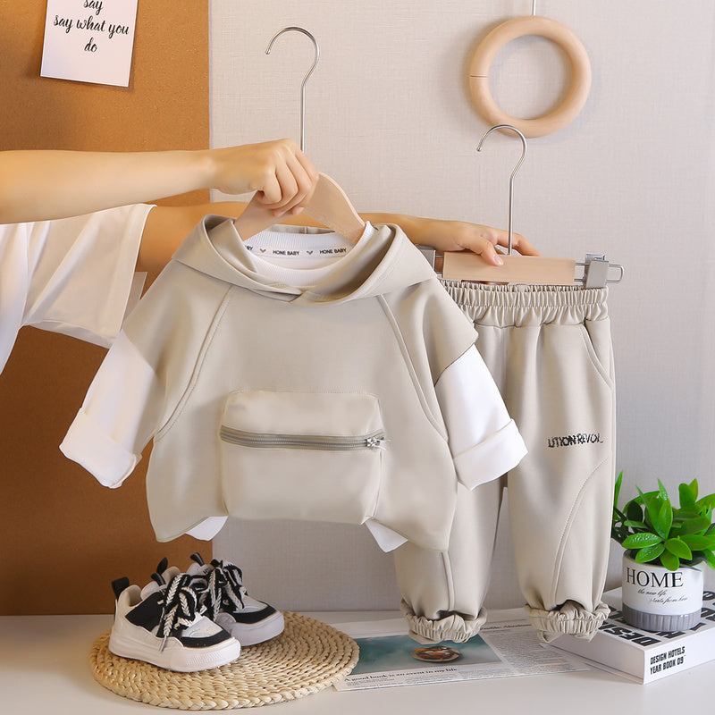 Boys' Spring and Autumn Outfit 2025 New Fashionable Solid Color Stylish Patchwork Large Pocket Hooded Vest Three-Piece Set