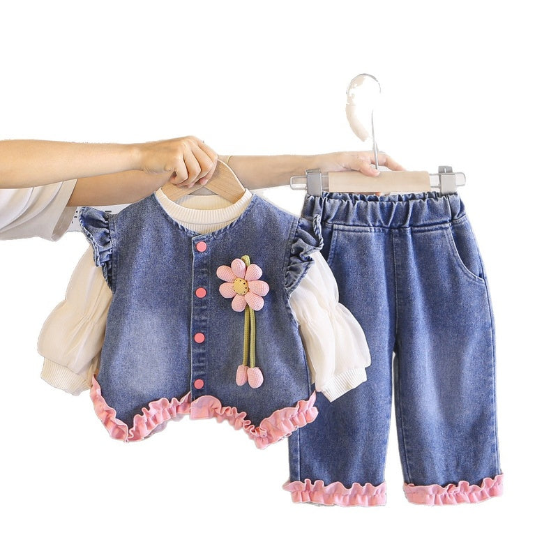 Girls' Outfit Spring and Autumn 2026 New Fashionable Children's Rose Flower Denim Three-Piece Set Trendy Wholesale